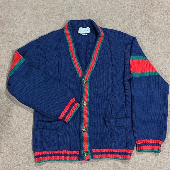 Gucci Navy Striped Cable Knit Wool V-Neck Single-Breasted Long Sleeve Cardigan